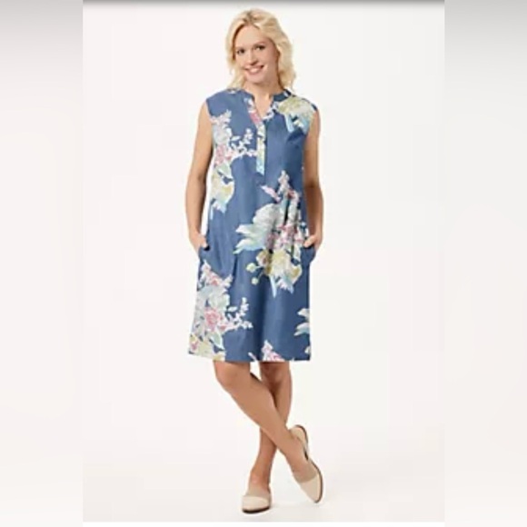 Denim&Co Dresses & Skirts - Denim & Co Stretch Denim Allover Floral Print A-Line Sleeveless Dress 2X